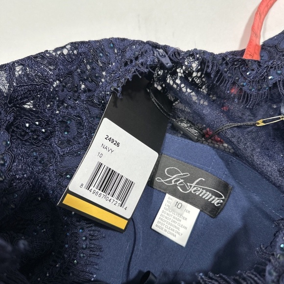 NWT $608 La Femme [ 10 ]‎ Sparkle Lace Trumpet Gown in Navy Blue - Picture 5 of 15